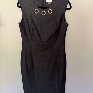 Calvin Klein Dark Gray/Blue Sleeveless Sheath Dress with Gold Grommet Neckline